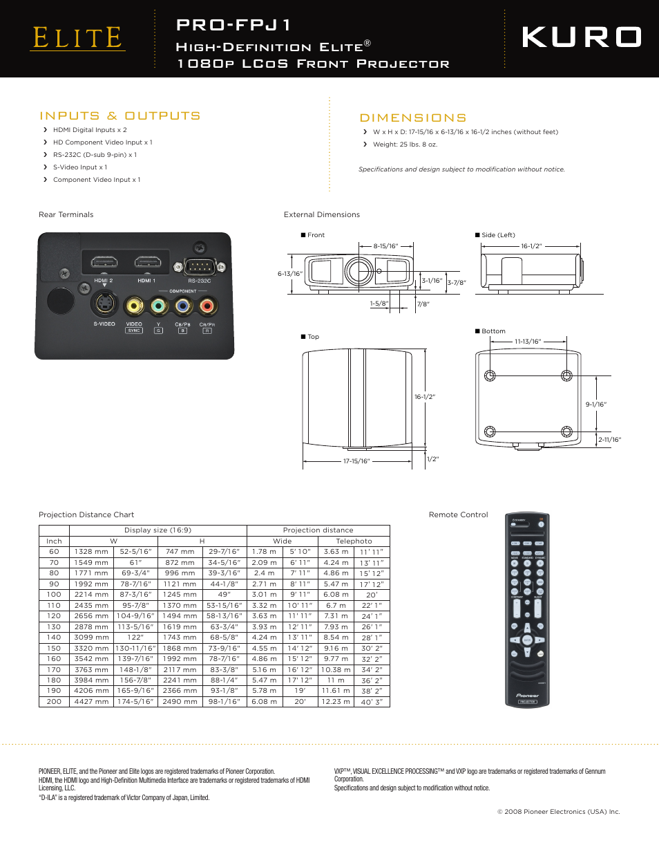 Pro-fpj1, High-definition elite, 1080p lcos front projector | Inputs & outputs, Dimensions | Elite PRO-FPJ1 User Manual | Page 2 / 2