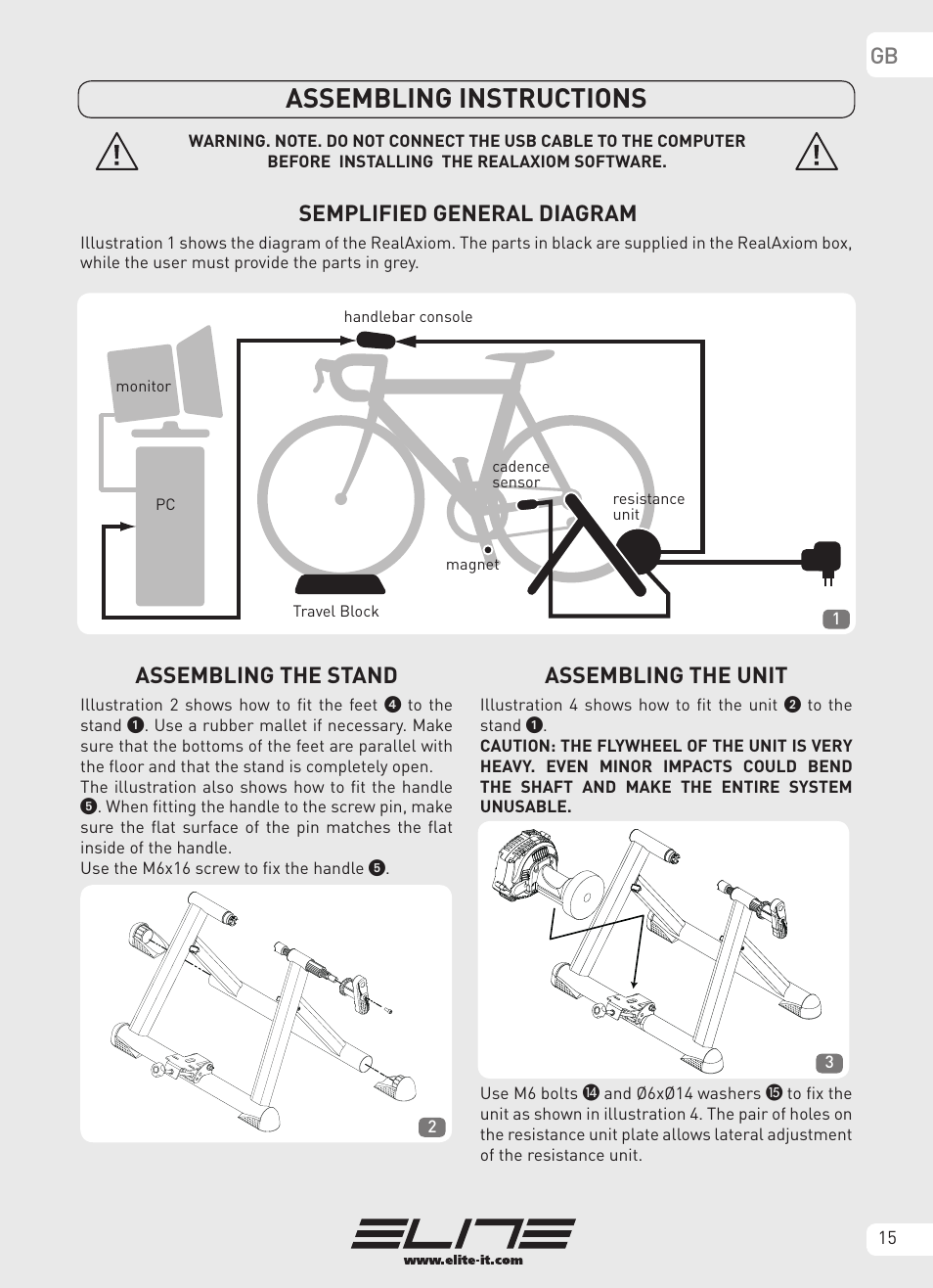 Assembling instructions, Semplified general diagram, Assembling the stand | Assembling the unit | Elite Real AXIOM User Manual | Page 15 / 56