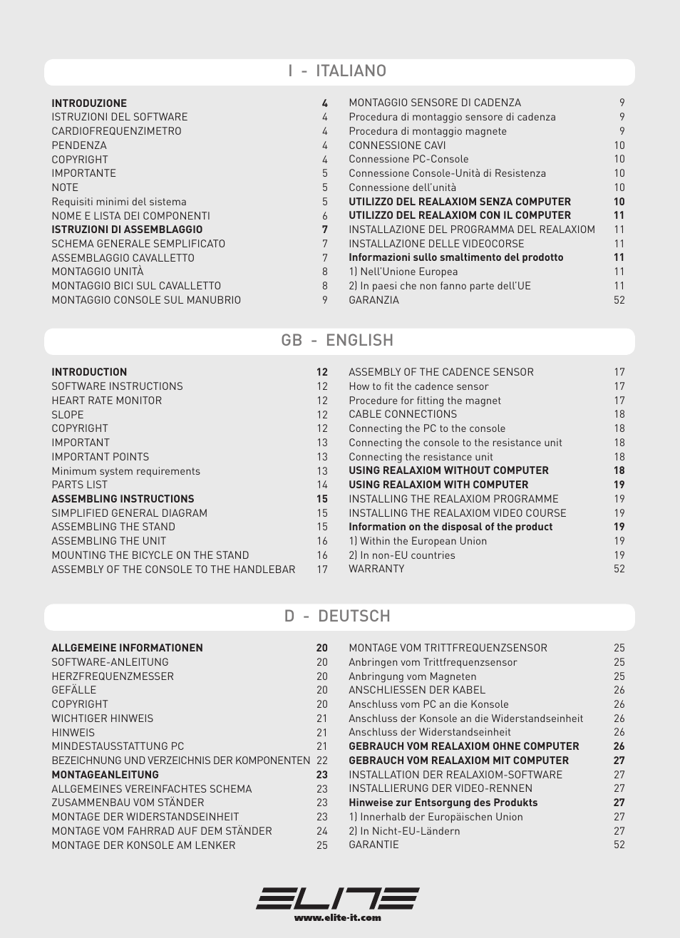 I - italiano, Gb - english, D - deutsch | Elite Real AXIOM User Manual | Page 2 / 56