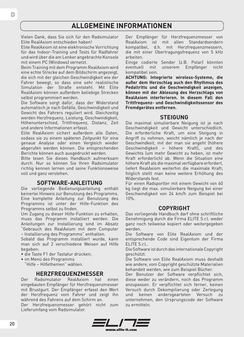 Allgemeine informationen, Software-anleitung, Herzfrequenzmesser | Steigung, Copyright | Elite Real AXIOM User Manual | Page 20 / 56