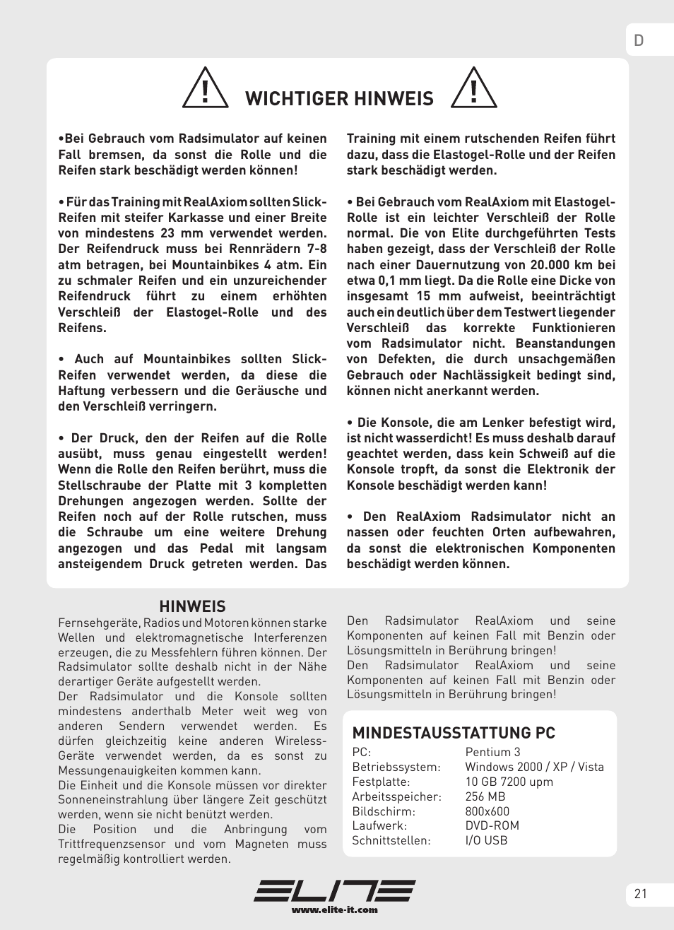 Wichtiger hinweis, Hinweis, Mindestausstattung pc | Elite Real AXIOM User Manual | Page 21 / 56