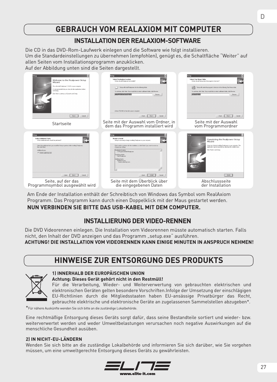 Installation der realaxiom-software, Installierung der video-rennen | Elite Real AXIOM User Manual | Page 27 / 56