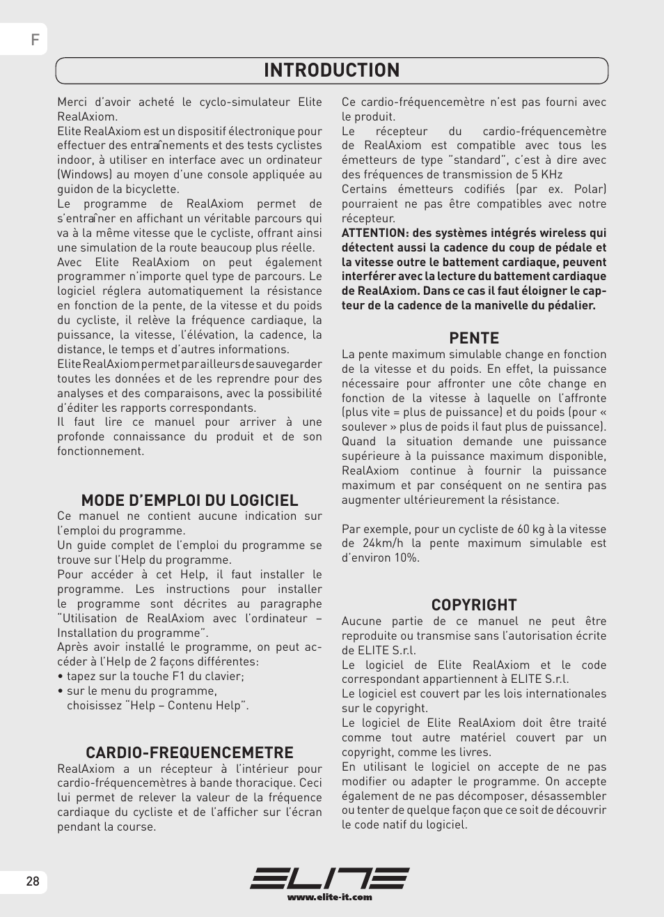 Introduction, Mode d’emploi du logiciel, Cardio-frequencemetre | Pente, Copyright | Elite Real AXIOM User Manual | Page 28 / 56