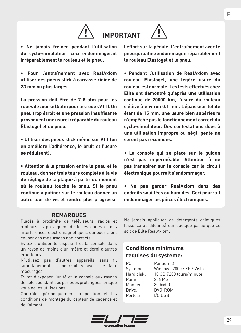 Important, Remarques, Conditions minimums requises du systeme | Elite Real AXIOM User Manual | Page 29 / 56