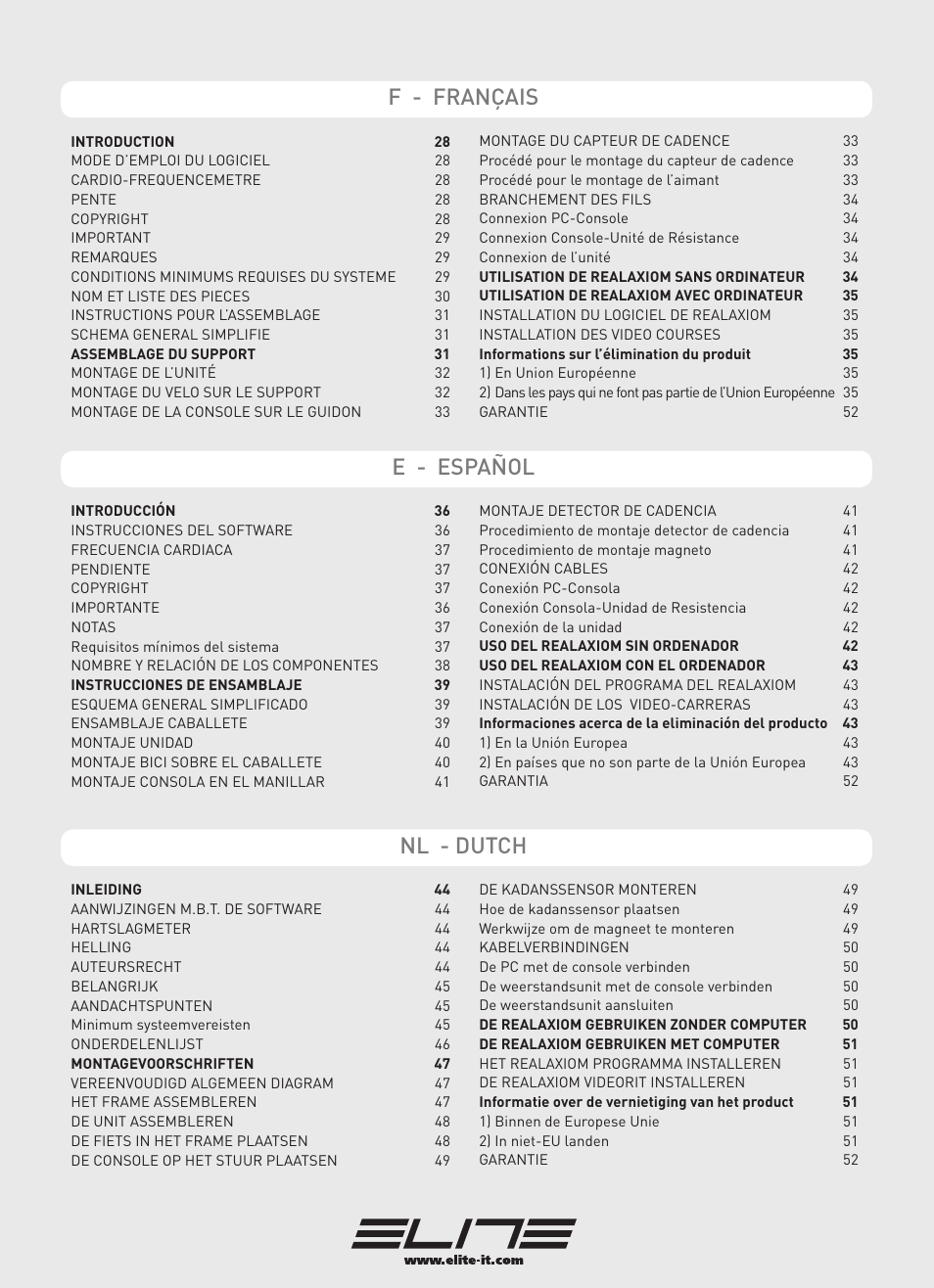 F - français, E - español, Nl - dutch | Elite Real AXIOM User Manual | Page 3 / 56