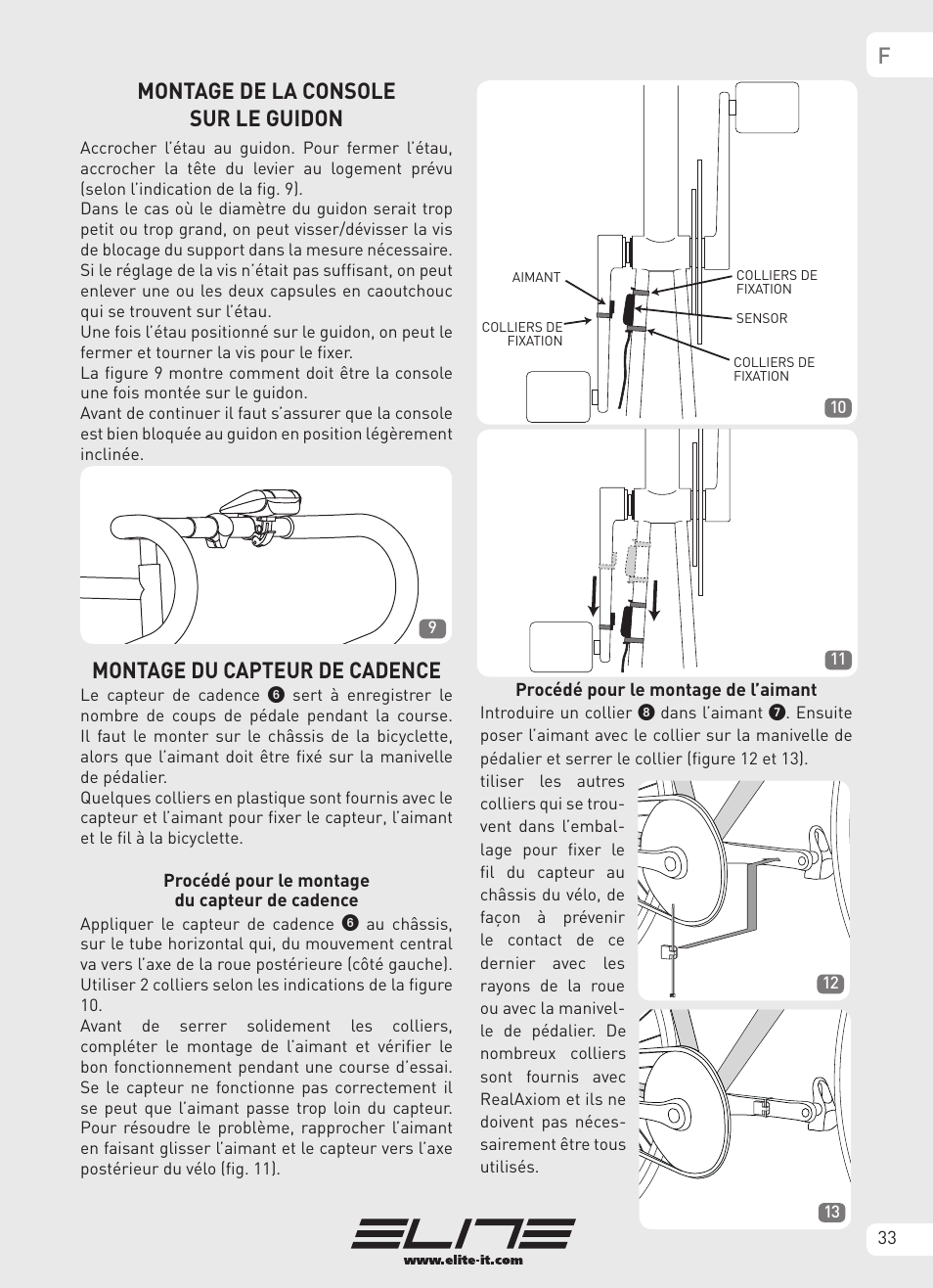 Fmontage de la console sur le guidon, Montage du capteur de cadence | Elite Real AXIOM User Manual | Page 33 / 56