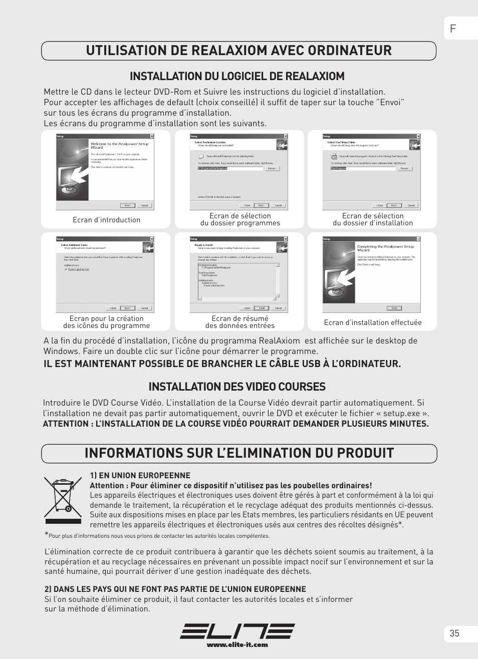 Installation du logiciel de realaxiom, Installation des video courses | Elite Real AXIOM User Manual | Page 35 / 56