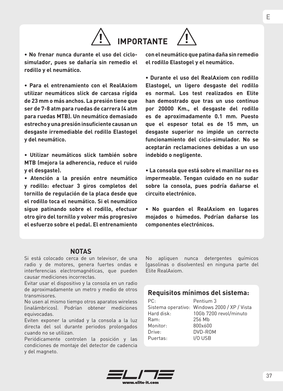 Importante, Notas, Requisitos mínimos del sistema | Elite Real AXIOM User Manual | Page 37 / 56