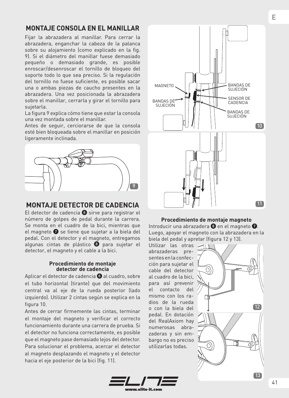 Emontaje consola en el manillar, Montaje detector de cadencia | Elite Real AXIOM User Manual | Page 41 / 56