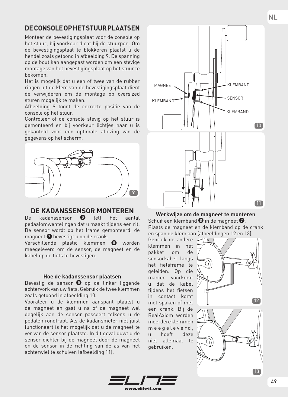 Nl de console op het stuur plaatsen, De kadanssensor monteren | Elite Real AXIOM User Manual | Page 49 / 56