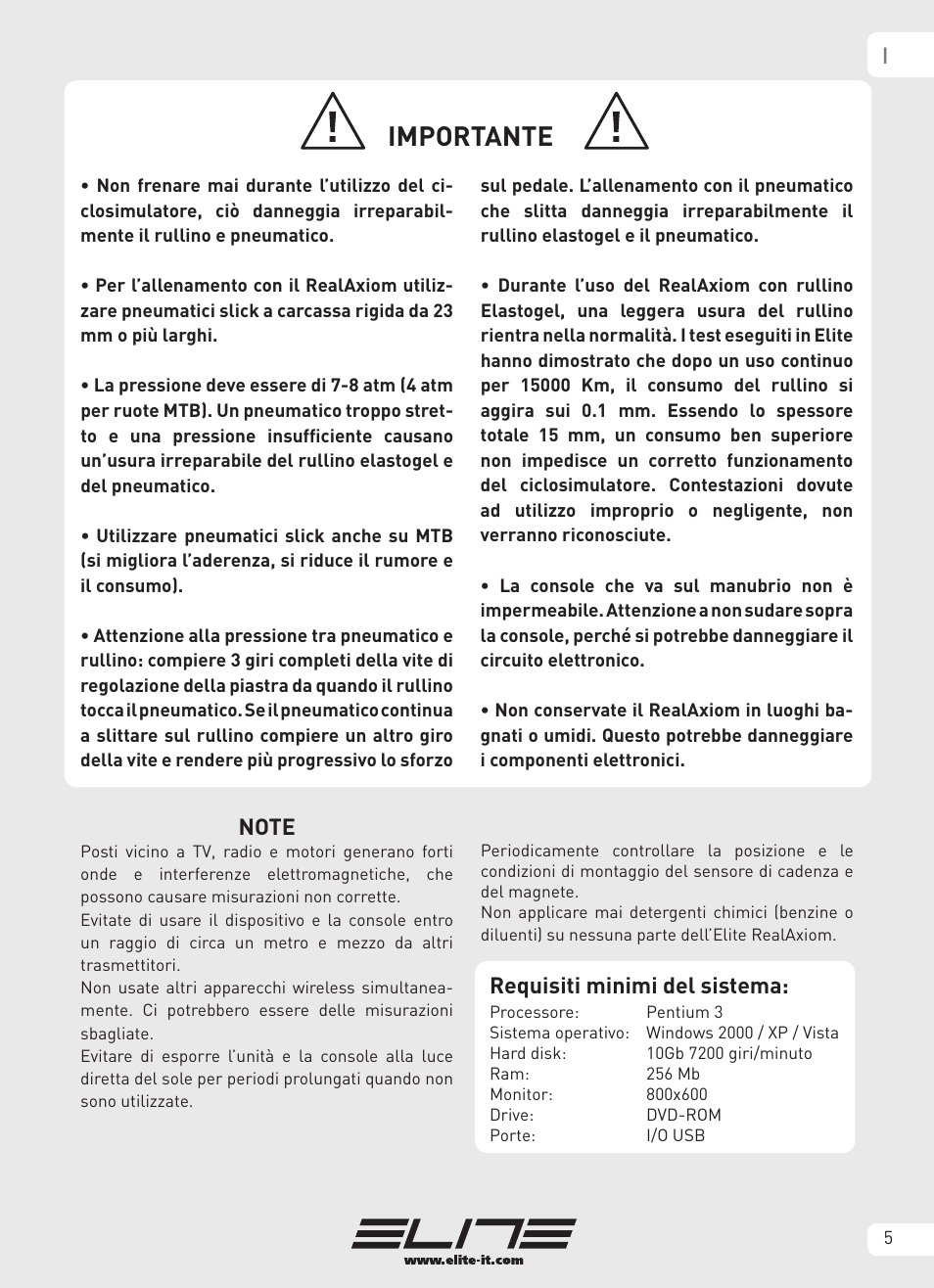 Importante, Requisiti minimi del sistema | Elite Real AXIOM User Manual | Page 5 / 56