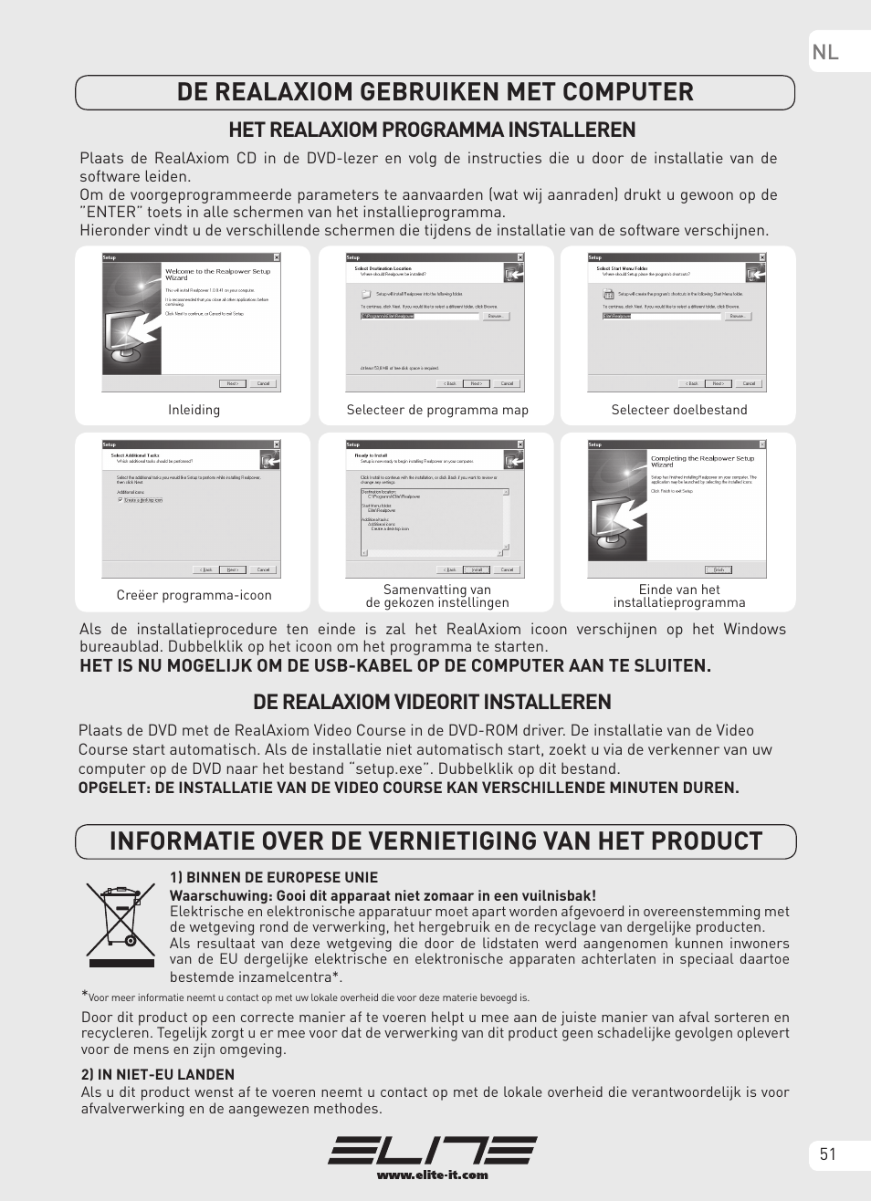 Het realaxiom programma installeren, De realaxiom videorit installeren | Elite Real AXIOM User Manual | Page 51 / 56