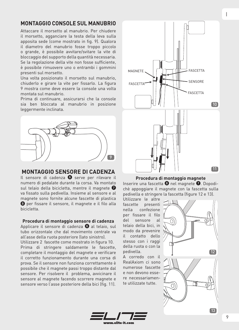 Imontaggio console sul manubrio, Montaggio sensore di cadenza | Elite Real AXIOM User Manual | Page 9 / 56