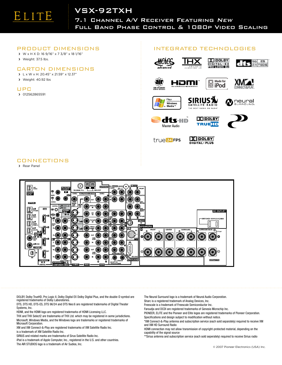 Vsx-92txh, Connections, Product dimensions | Carton dimensions, Integrated technologies | Elite VSX-92TXH User Manual | Page 2 / 2