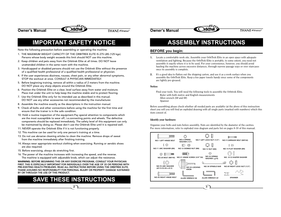 Important safety notice, Save these instructions, Assembly instructions | Owner’s manual | Elite BK2080 User Manual | Page 2 / 7