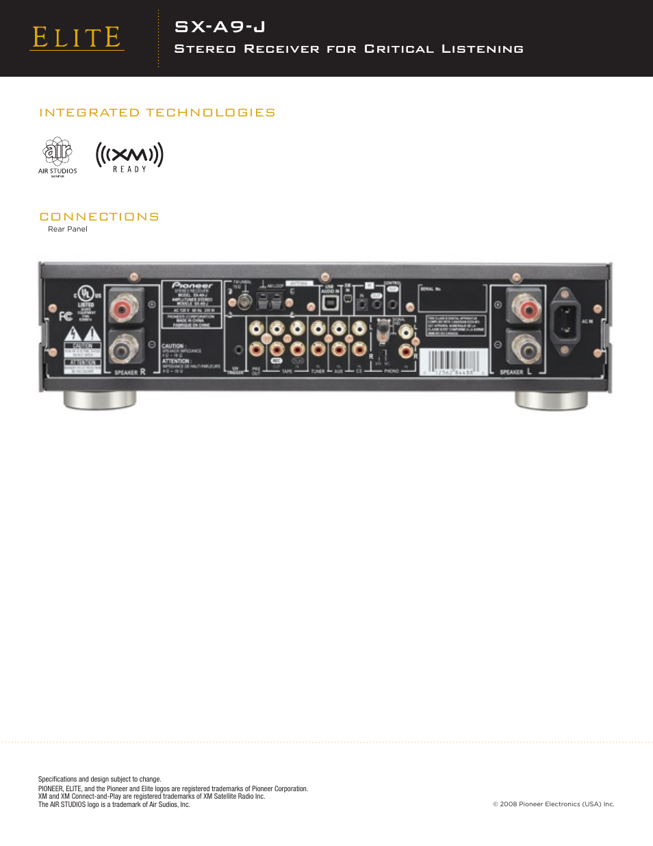 Sx-a9-j, Stereo receiver for critical listening, Connections | Integrated technologies | Elite SX-A9-J User Manual | Page 2 / 2