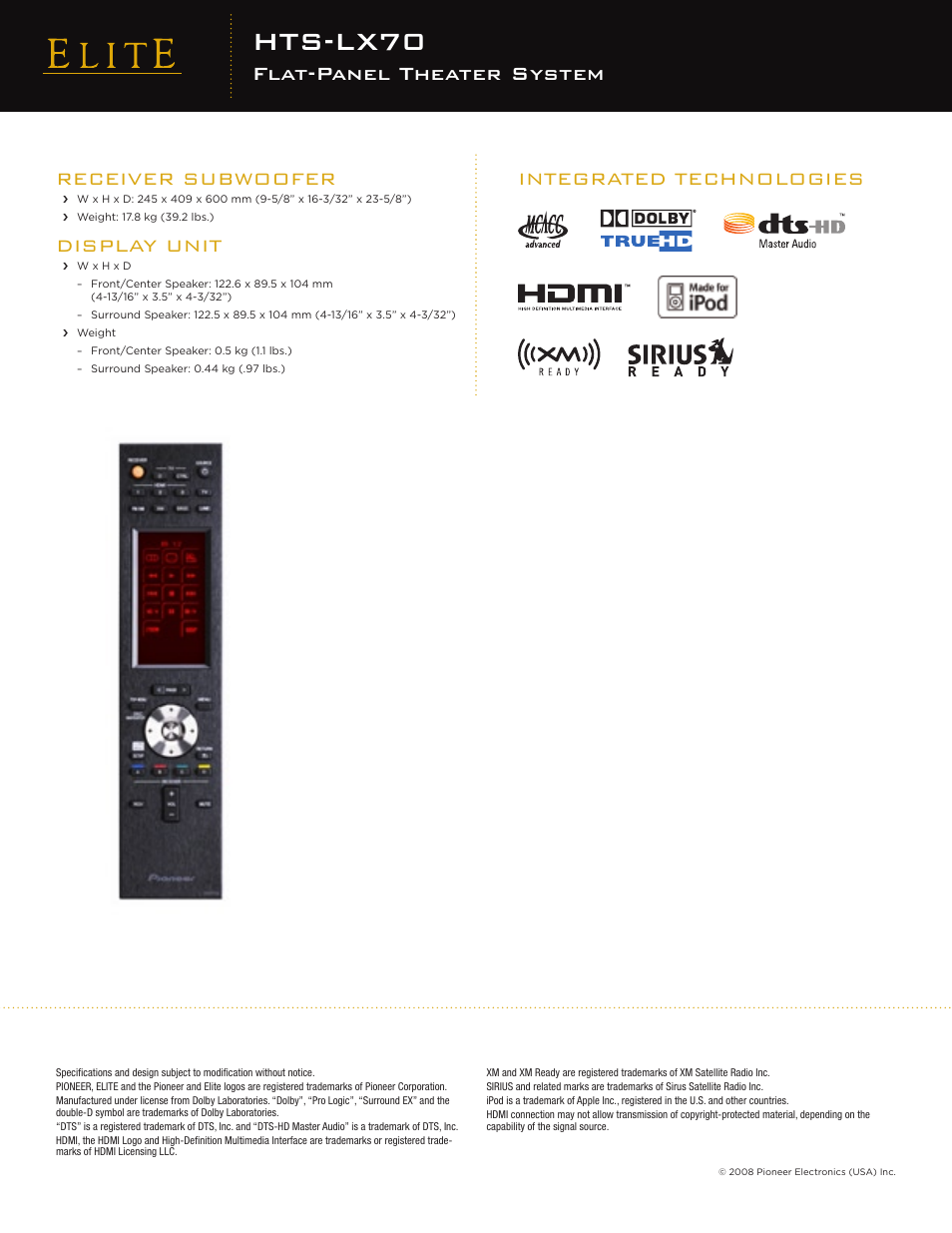 Hts-lx70, Flat-panel theater system, Receiver subwoofer | Display unit, Integrated technologies | Elite HTS-LX70 User Manual | Page 2 / 2