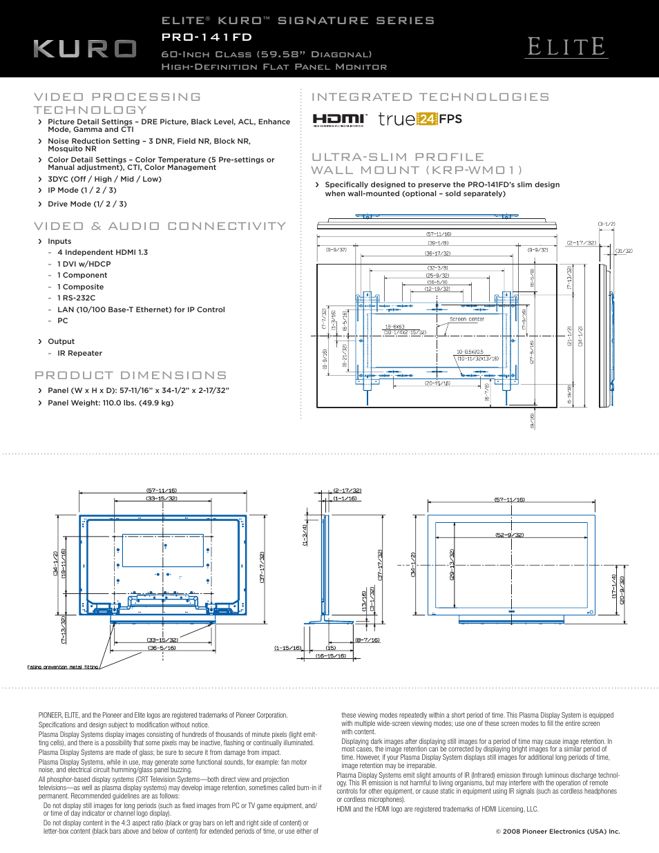 Ultra-slim profile wall mount (krp-wm01), Video & audio connectivity, Product dimensions | Elite, Kuro, Signature series pro-141fd | Elite KURO PRO-141FD User Manual | Page 2 / 2