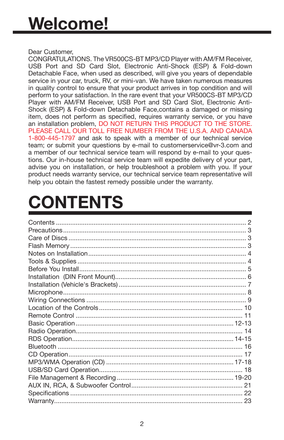 Elite Bluetooth VR500CS-BT User Manual | Page 2 / 24