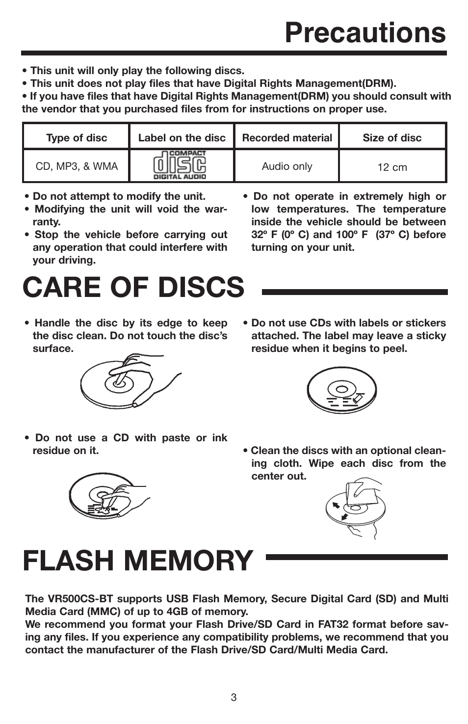 Precautions, Care of discs | Elite Bluetooth VR500CS-BT User Manual | Page 3 / 24