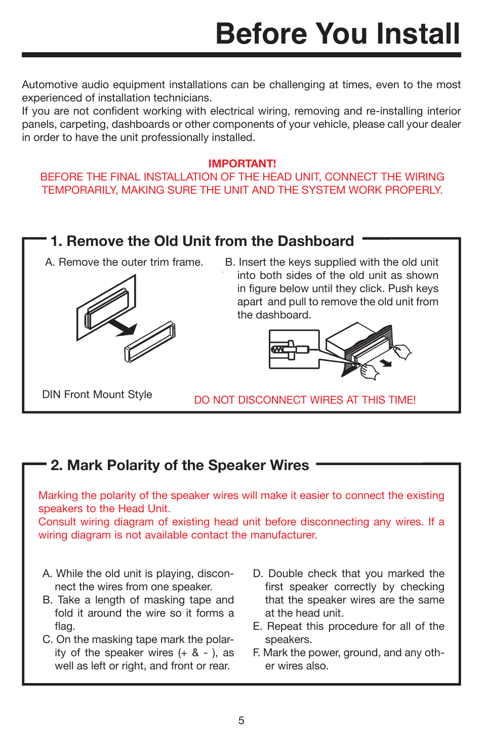 Before you install, Remove the old unit from the dashboard, Mark polarity of the speaker wires | Elite Bluetooth VR500CS-BT User Manual | Page 5 / 24