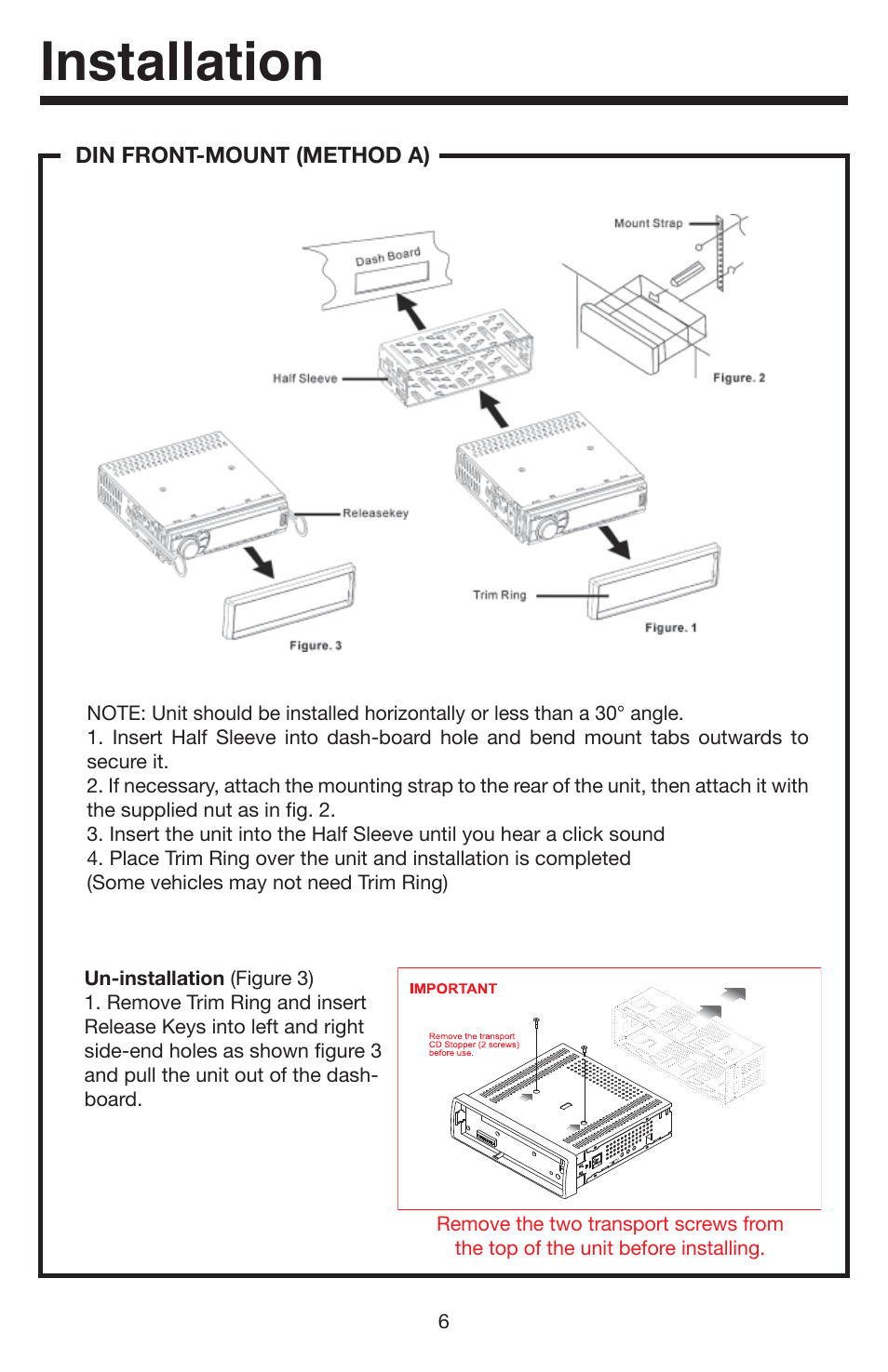 Installation, Din front-mount (method a) | Elite Bluetooth VR500CS-BT User Manual | Page 6 / 24