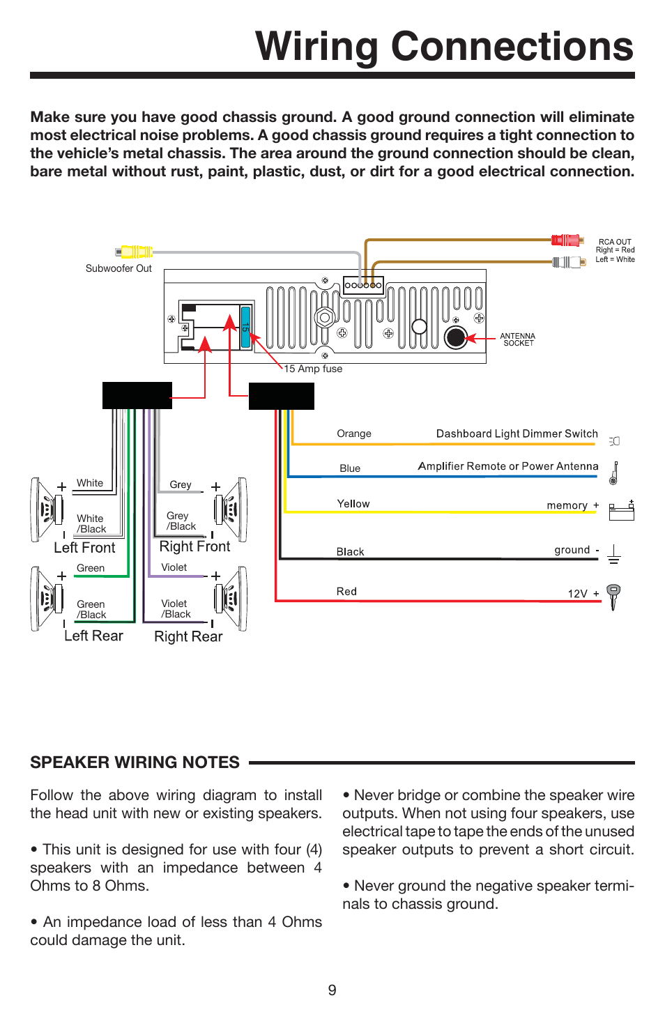 Wiring connections | Elite Bluetooth VR500CS-BT User Manual | Page 9 / 24