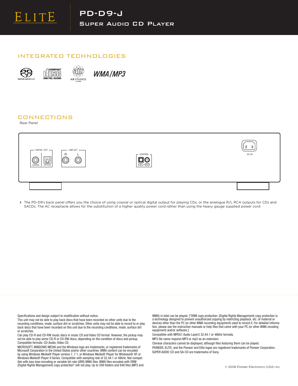 Dv-58av pd-d9-j, Super audio cd player, Integrated technologies connections | Pd-d9-j, Sc-09tx | Elite PD-D9-J User Manual | Page 2 / 2