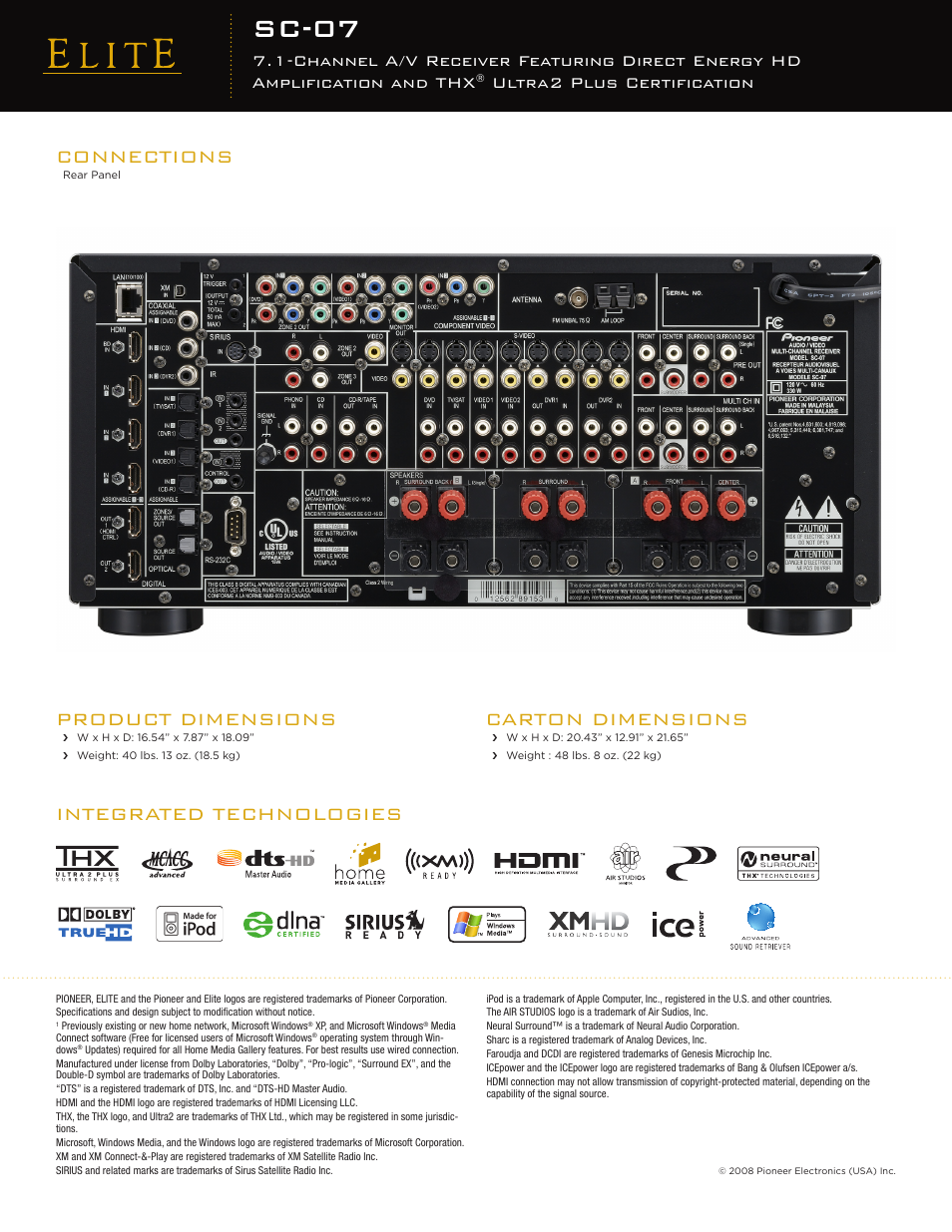 Sc-07, Connections, Integrated technologies product dimensions | Carton dimensions, Ultra2 plus certification | Elite SC-07 User Manual | Page 2 / 2