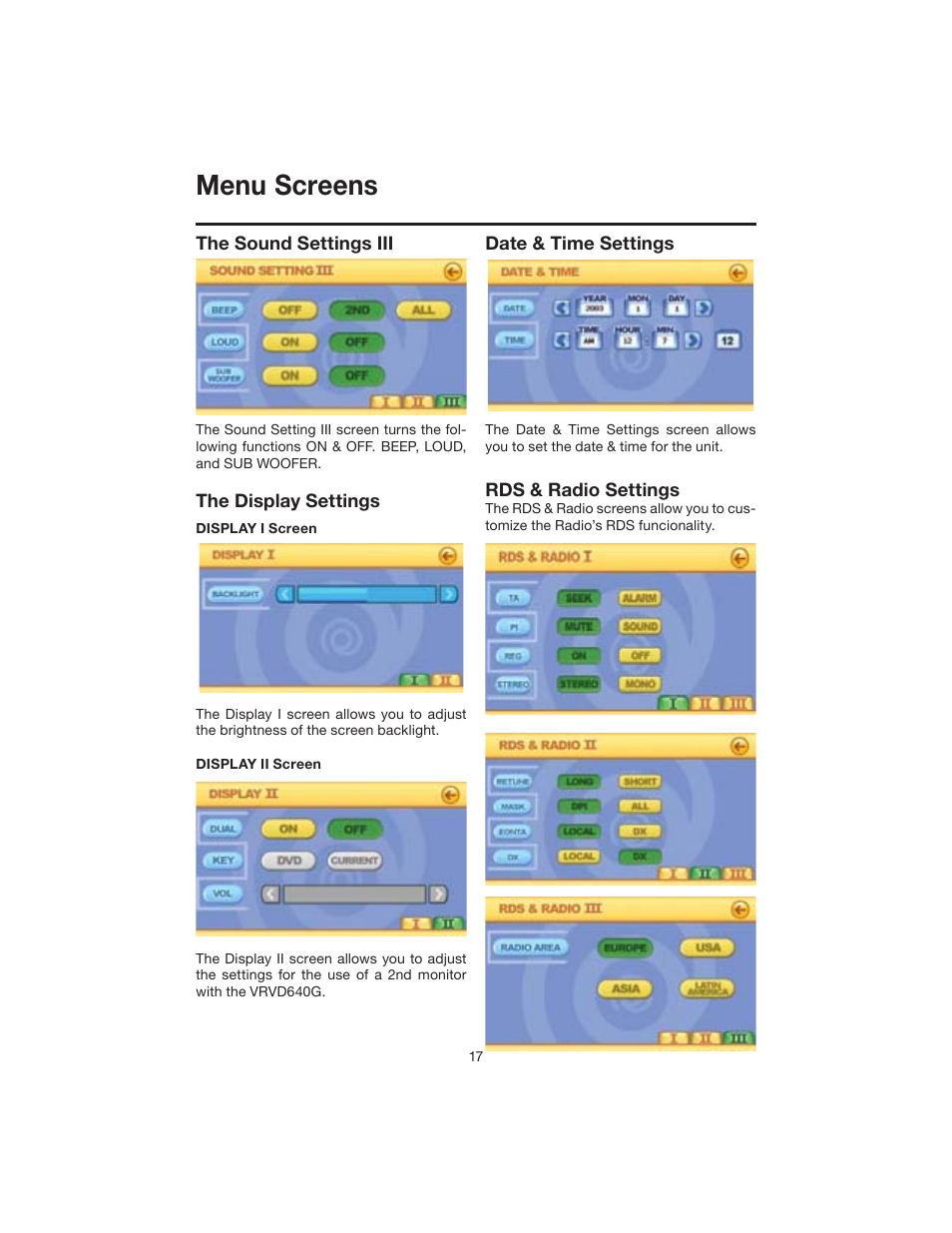 Menu screens | Elite VRVD640G User Manual | Page 17 / 68