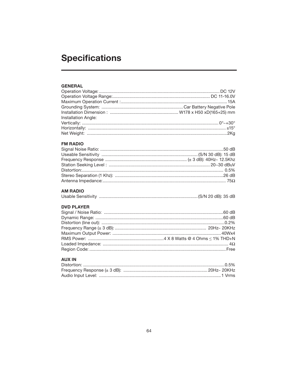 Specifi cations | Elite VRVD640G User Manual | Page 64 / 68