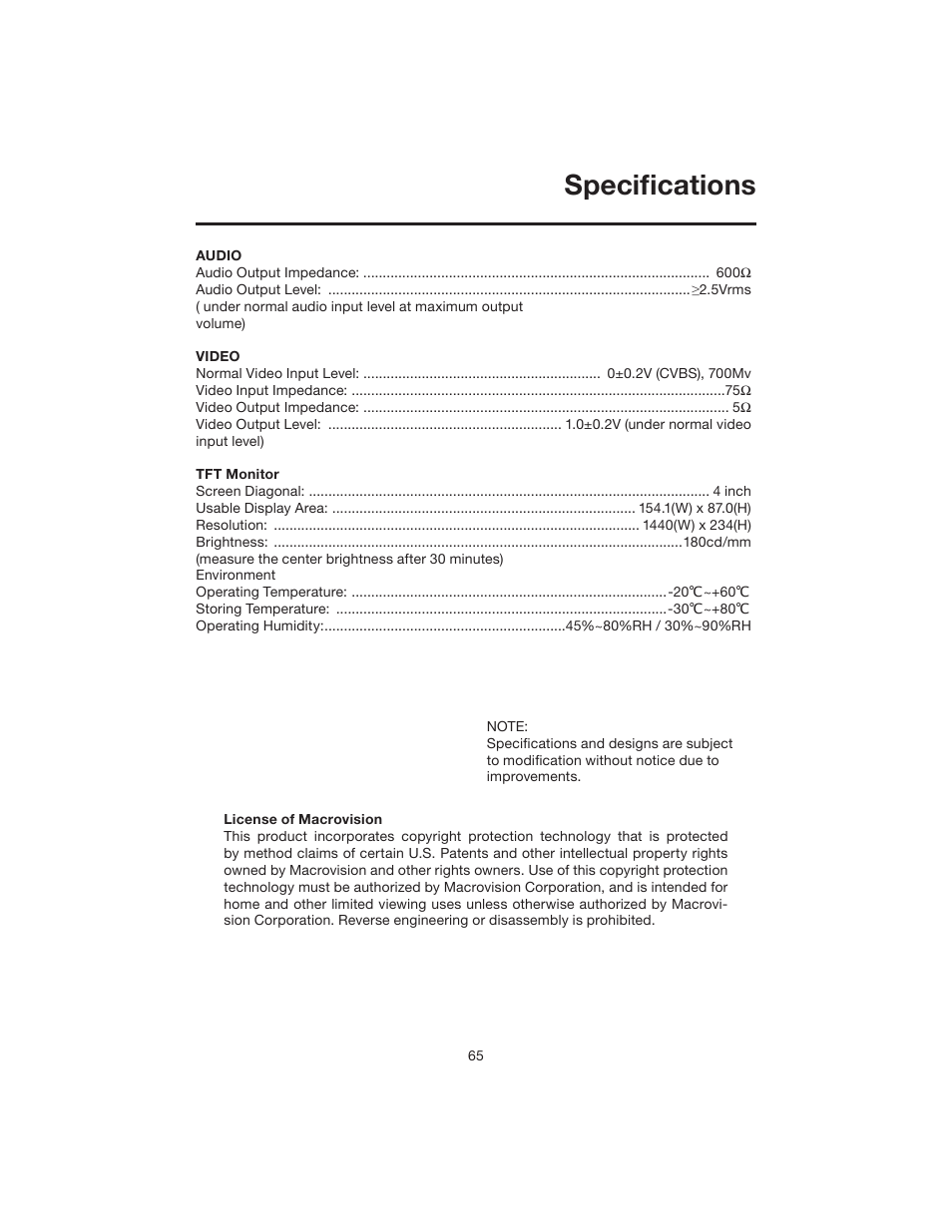 Specifi cations | Elite VRVD640G User Manual | Page 65 / 68
