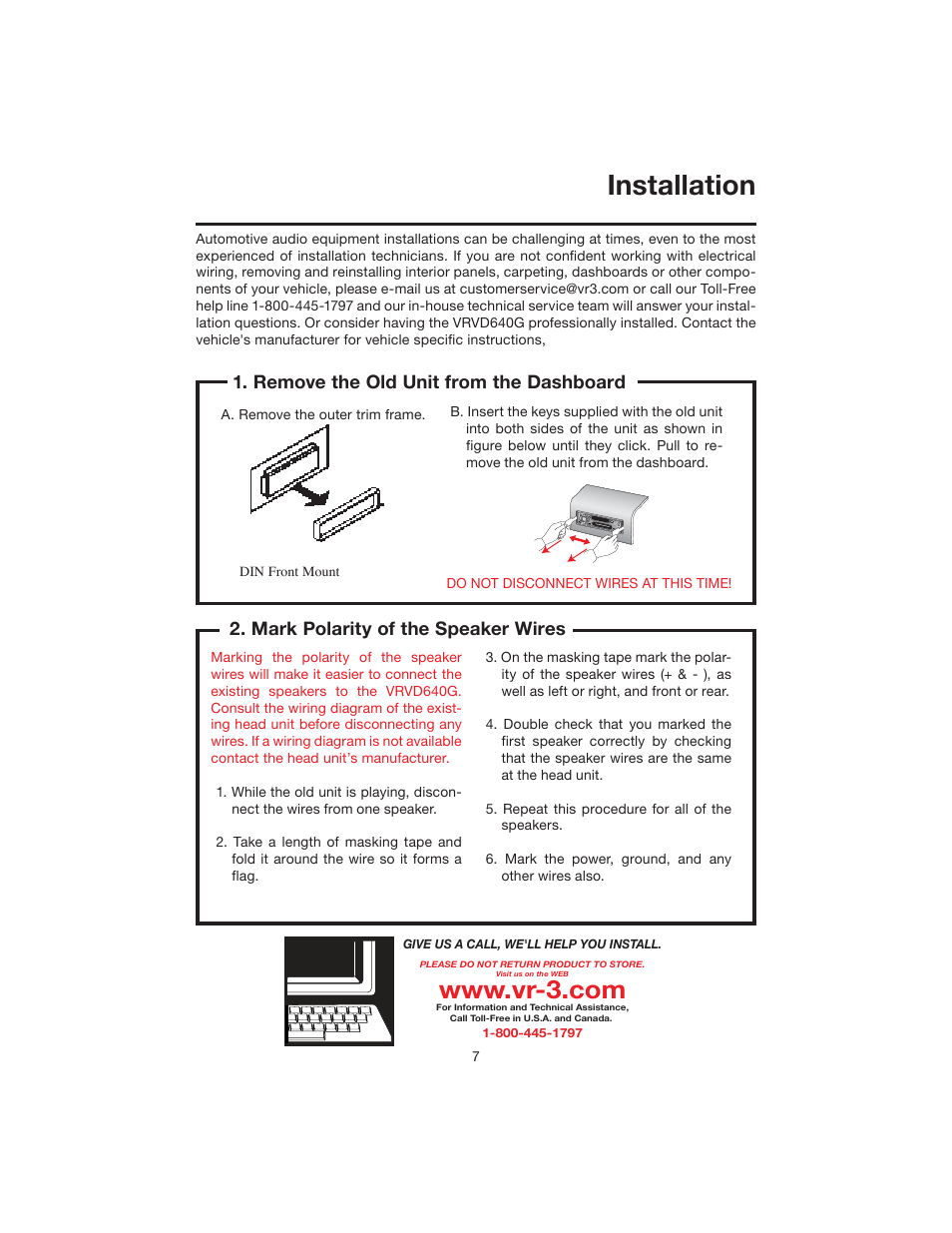 Installation, Mark polarity of the speaker wires, Remove the old unit from the dashboard | Elite VRVD640G User Manual | Page 7 / 68