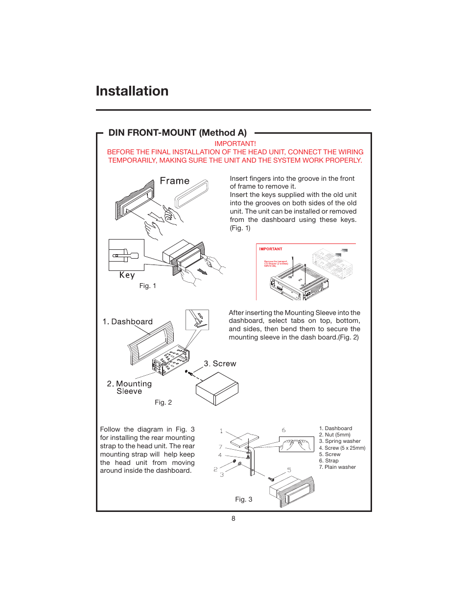 Installation, Din front-mount (method a) | Elite VRVD640G User Manual | Page 8 / 68