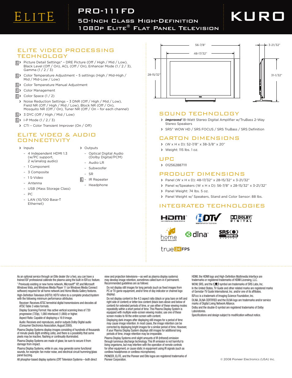 Pro-111fd, Inch class high-definition 1080p elite, Flat panel television | Sound technology, Carton dimensions, Product dimensions, Elite video & audio connectivity | Elite PRO-111FD User Manual | Page 2 / 2