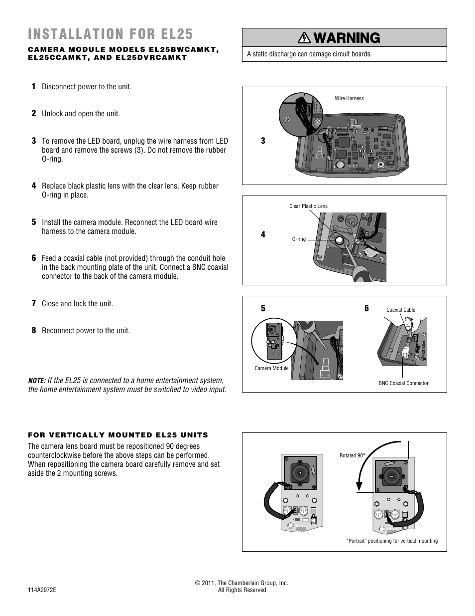 Installation for el25, Call button board, Disconnect power to the unit | Unlock and open the unit, Close and lock the unit, Reconnect power to the unit, A static discharge can damage circuit boards | Elite B/W User Manual | Page 2 / 2