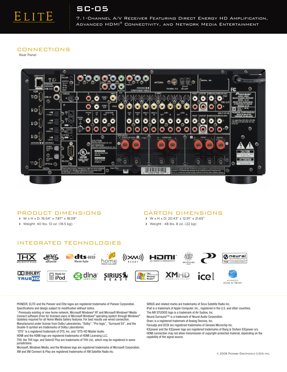 Sc-05, Connections, Integrated technologies product dimensions | Carton dimensions, Connectivity, and network media entertainment | Elite SC-05 User Manual | Page 2 / 2