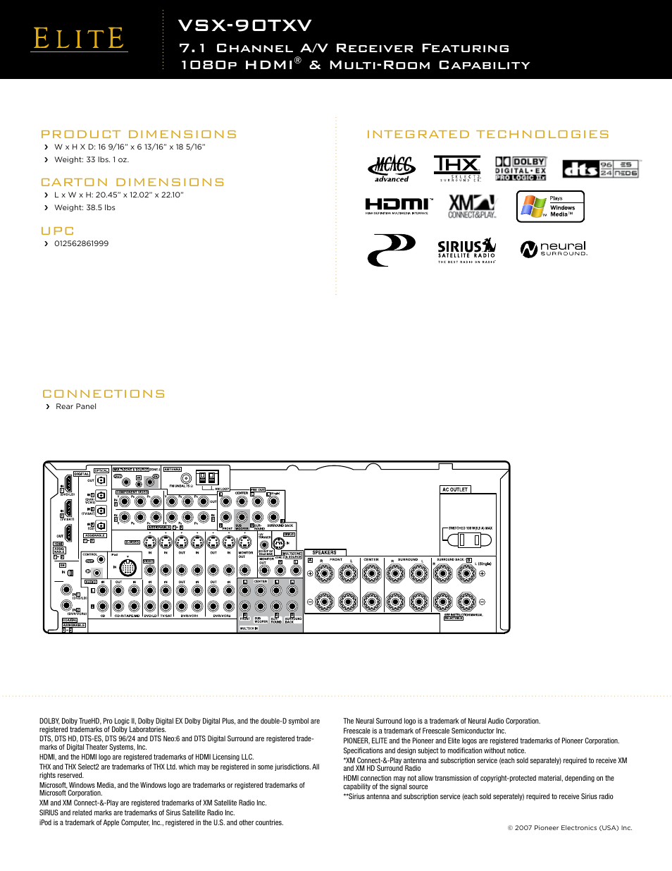 Vsx-90txv, Multi-room capability, Connections | Product dimensions, Carton dimensions, Integrated technologies | Elite VSX-90TXV User Manual | Page 2 / 2