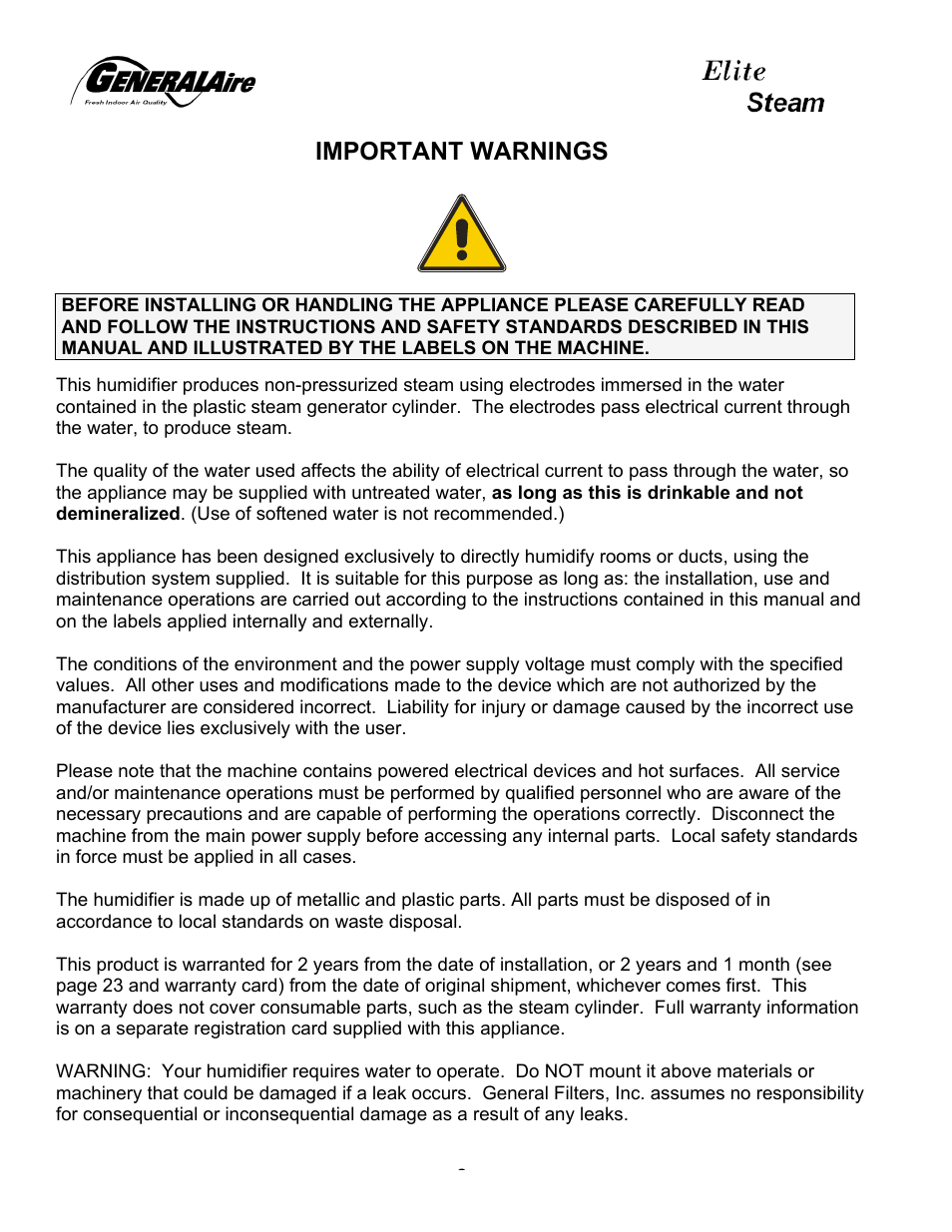 Important warnings | Elite Steam humidifier User Manual | Page 2 / 24