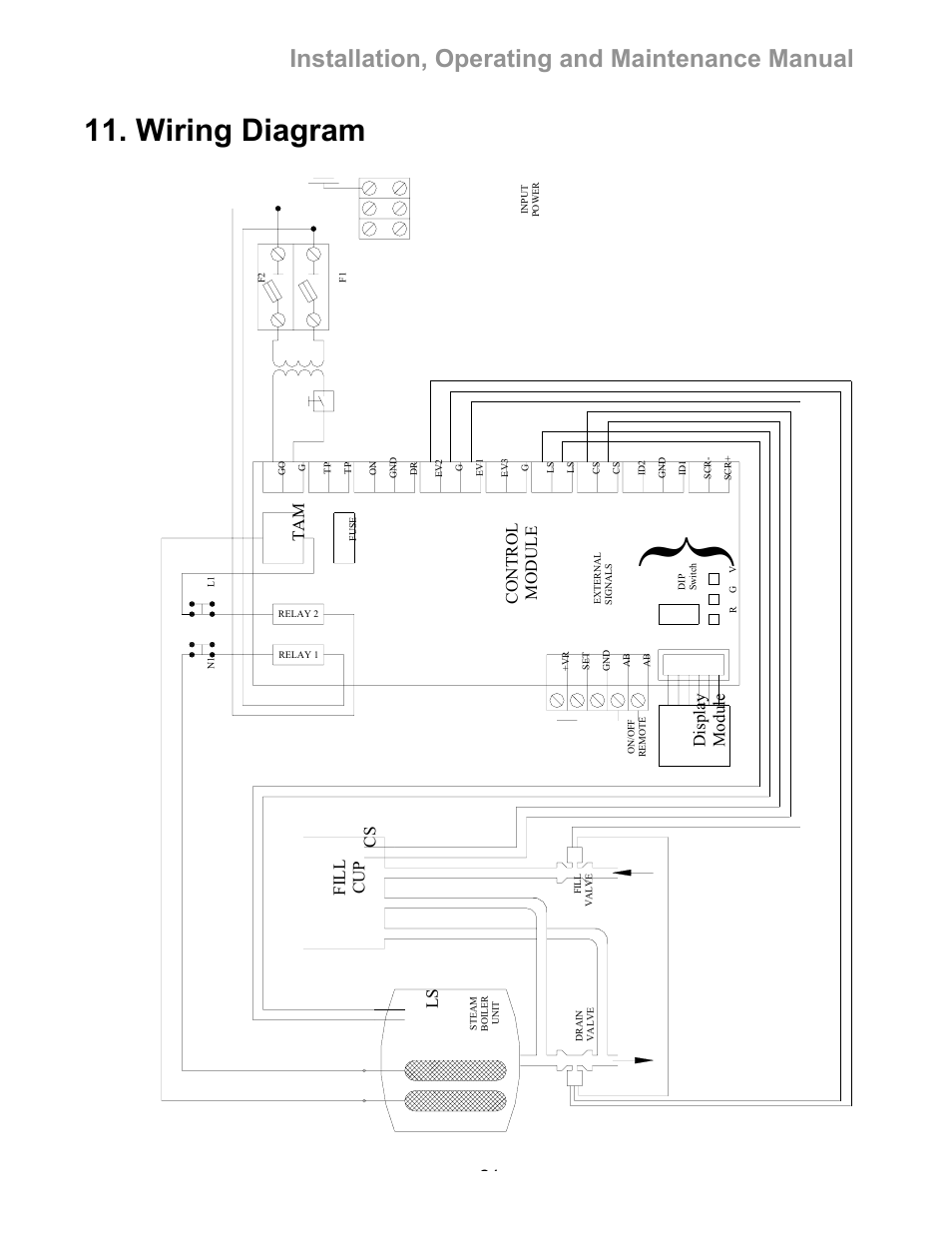 Wiring diagram, Installation, operating and maintenance manual, Control module tam | Fill cup, Display module | Elite Steam humidifier User Manual | Page 21 / 24