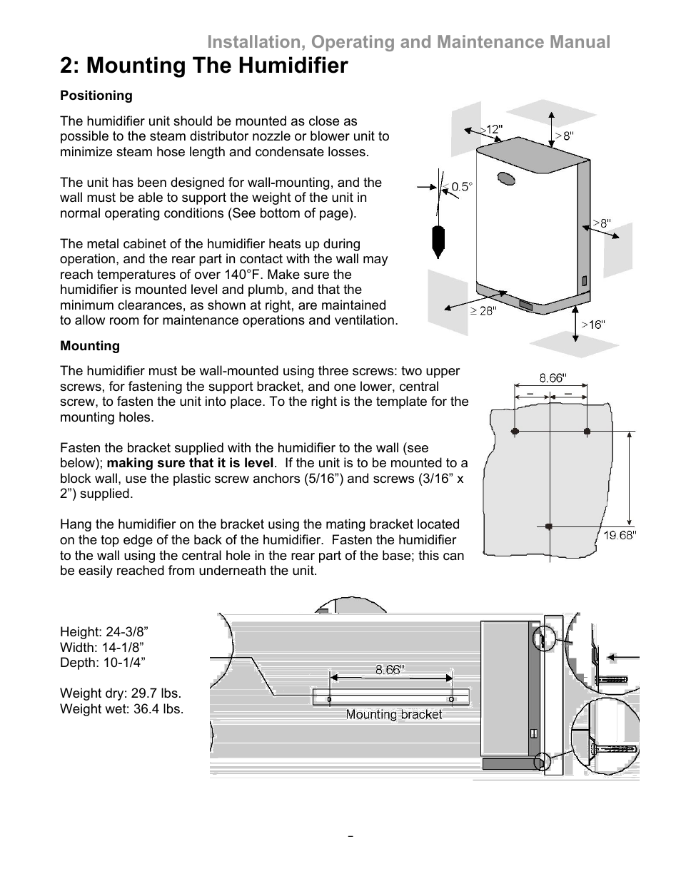 Mounting the humidifier, Installation, operating and maintenance manual | Elite Steam humidifier User Manual | Page 5 / 24