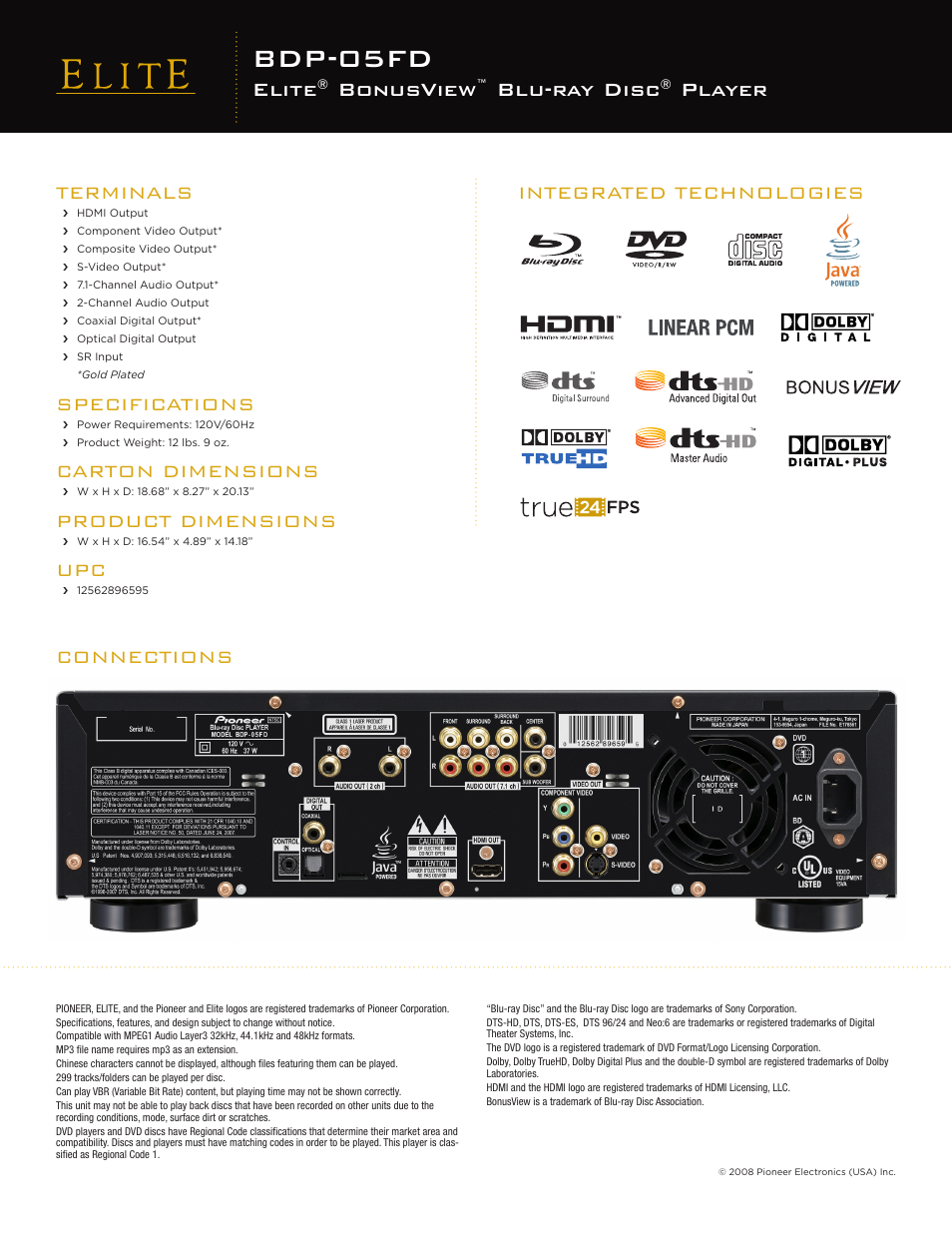 Bdp-05fd, Elite, Bonusview | Blu-ray disc, Player, Connections, Terminals, Specifications, Carton dimensions, Product dimensions | Elite BDP-05FD User Manual | Page 2 / 2