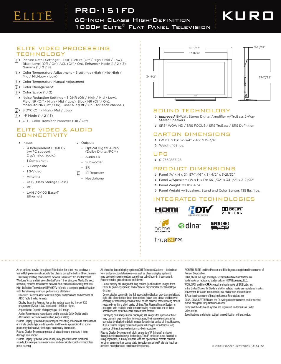 Pro-151fd, Inch class high-definition 1080p elite, Flat panel television | Sound technology, Carton dimensions, Product dimensions, Elite video & audio connectivity | Elite PRO-151FD User Manual | Page 2 / 2