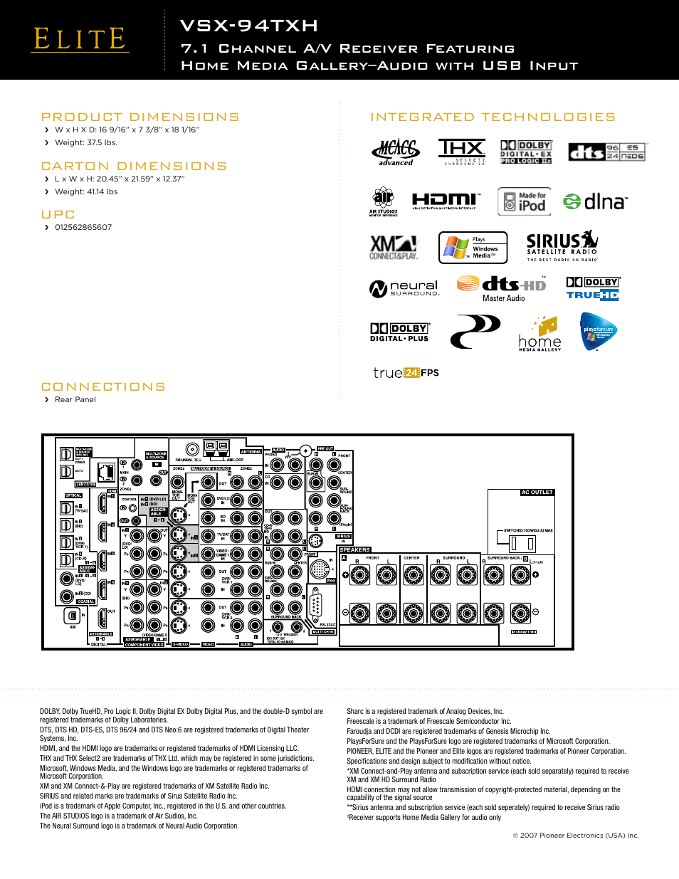 Vsx-94txh, Connections, Product dimensions | Carton dimensions, Integrated technologies | Elite VSX-94TXH User Manual | Page 2 / 2