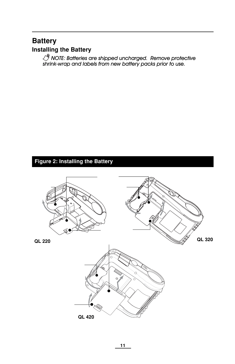 Getting ready to print, Battery, Installing the battery | Battery, installing, Getting ready to print battery | EDGE Tech QL Series User Manual | Page 11 / 78