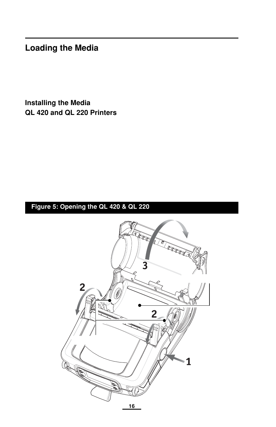 Loading the media, Installing the media, Media, loading | Ql 420 and ql 220 printers | EDGE Tech QL Series User Manual | Page 16 / 78