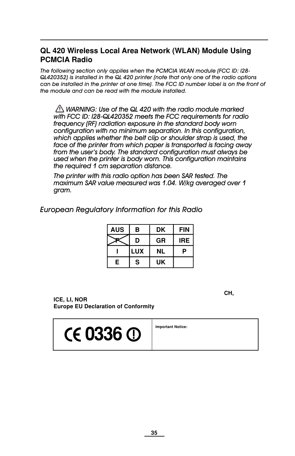 Eu countries, Pcmcia wlan radio, ql 420, Ql 420 pcmcia radio | EDGE Tech QL Series User Manual | Page 35 / 78