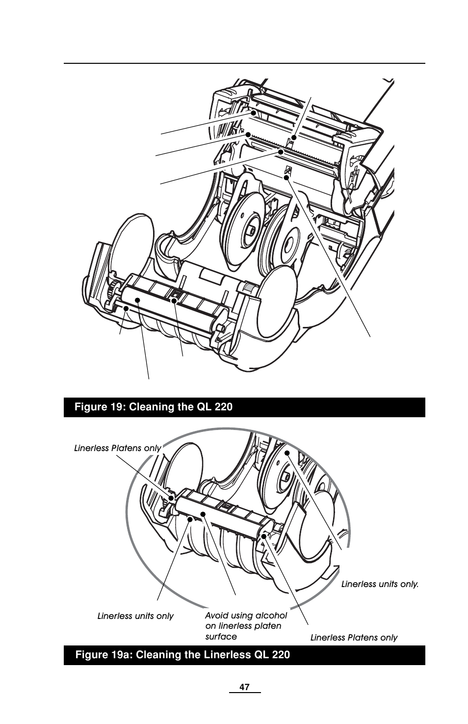 Ql220 cleaning, Interior, Media supports | Sensors, Exterior, Linerless platen, Peel bar, Printhead, Tear bar | EDGE Tech QL Series User Manual | Page 47 / 78