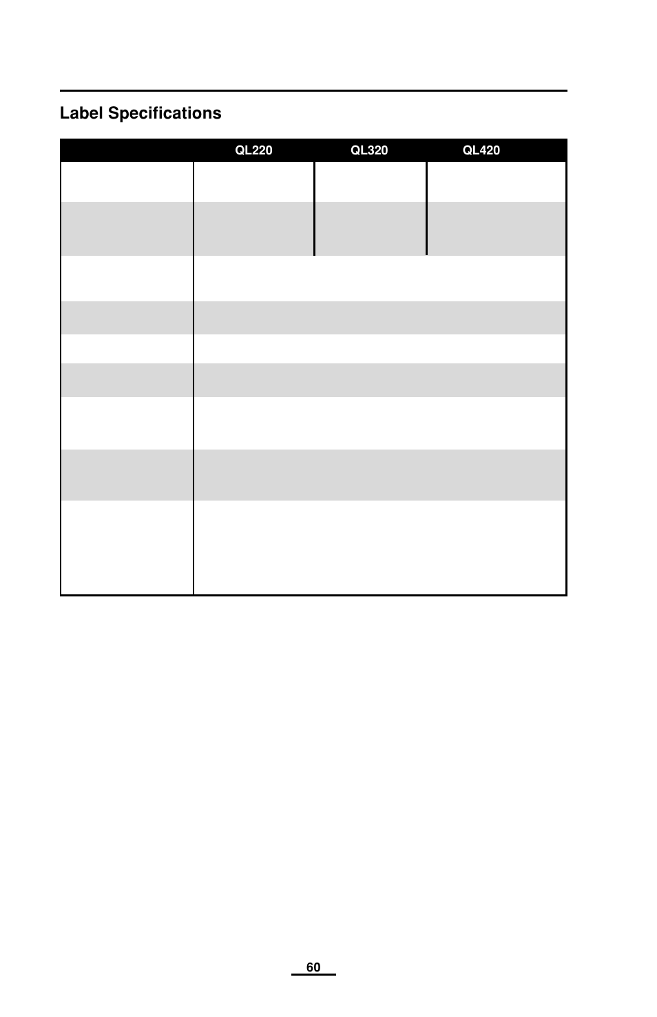 Label specifications, Label | EDGE Tech QL Series User Manual | Page 60 / 78