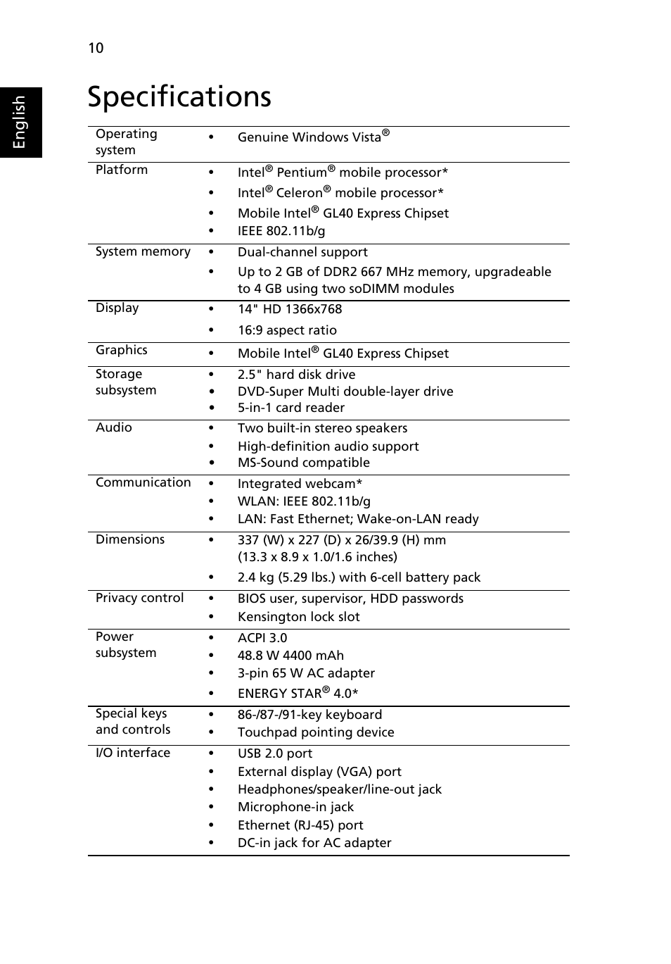 Specifications | eMachines D525 Series User Manual | Page 10 / 11